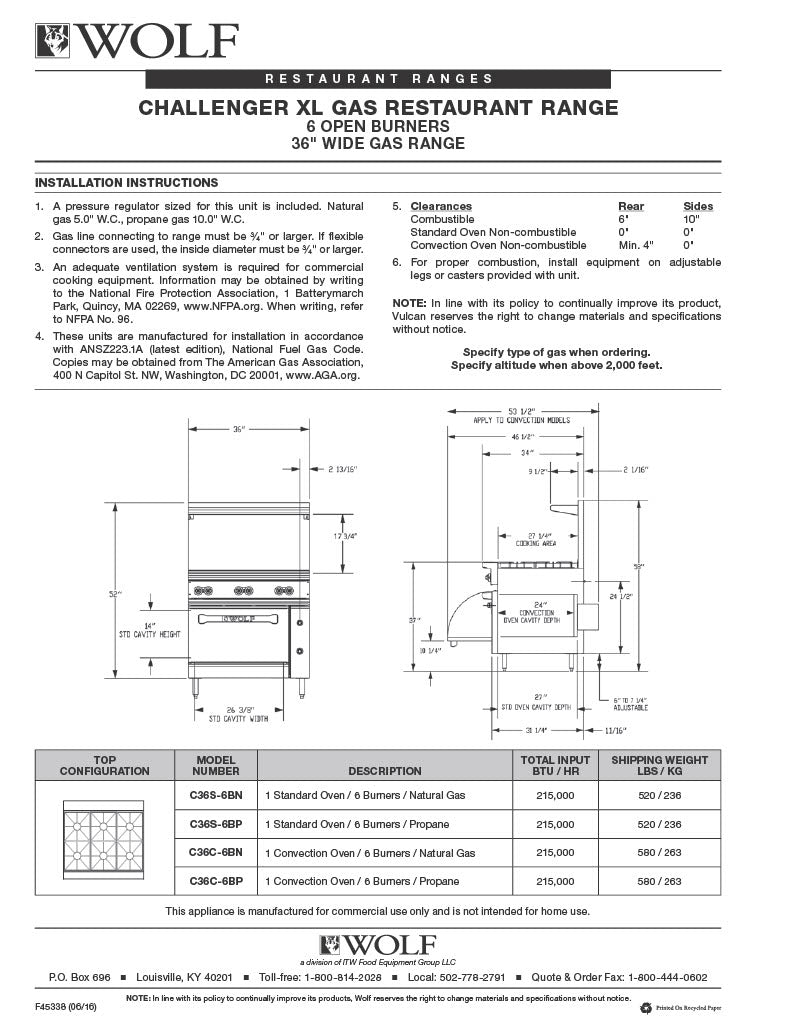Wolf Range 6 Burner w/Standard Oven C36S6BN Surfas Online