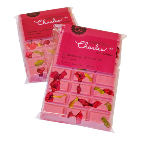 Charles Chocolate Raspberry Pistachio Ruby Chocolate Bar 3.4oz