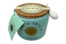 Load image into Gallery viewer, Teal container of 'Sal de Ibiza' with cork lid and spoon on a white background

