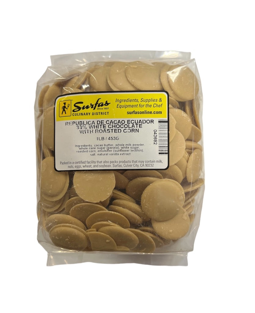 Republica de Cacao 33% White Chocolate Discs with Roasted Corn 1lb