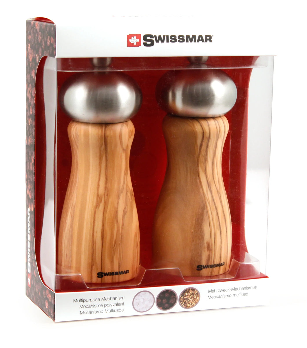 Olive Wood/  Stainless Salt & Pepper Mill Set 6in