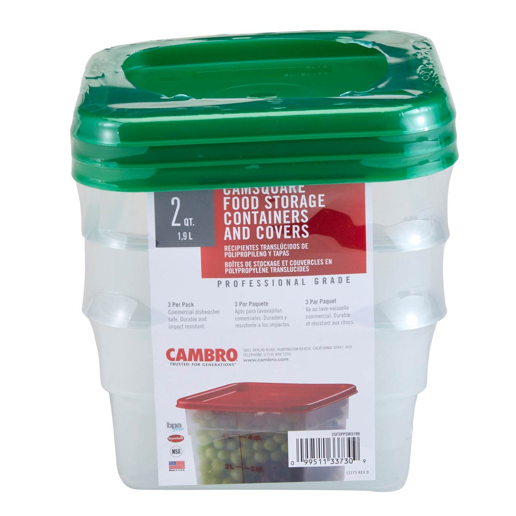 Cambro Set of 3 Square Food Storage Containers with Lids, 2 Quart